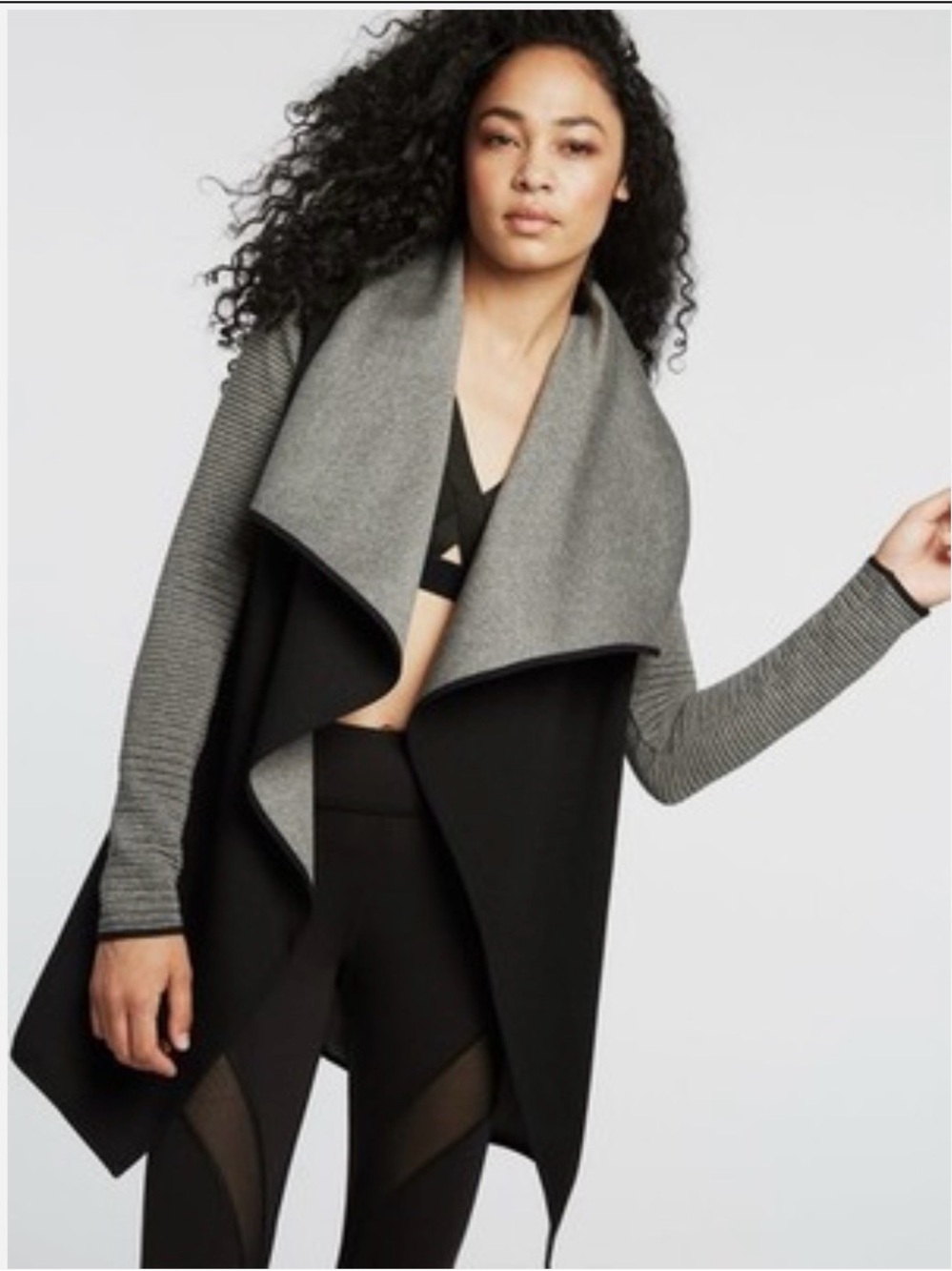 MICHI Two-Tone Draped Open-Front Vest in Black and Gray